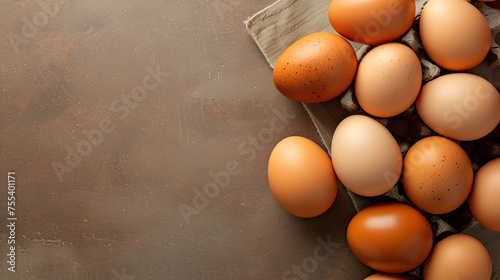 Pile of raw brown chicken eggs top view with copyspace, generative ai