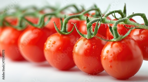 Fresh cherry tomatoes on vine with water droplets. Organic produce concept © Julia Jones