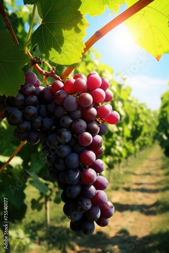 Ripe grapes hanging from a vine, suitable for wine or fruit concept