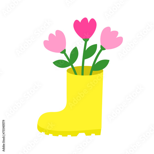 Yellow rubber boot with pink tulip flower bouquet set. Happy Easter. Cute cartoon spring tulips flowers. Decoration element. Greeting card. Flat design. White background. Isolated.