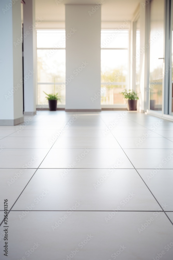 Obraz premium A simple plant in a pot on a clean white tiled floor. Suitable for interior design concepts