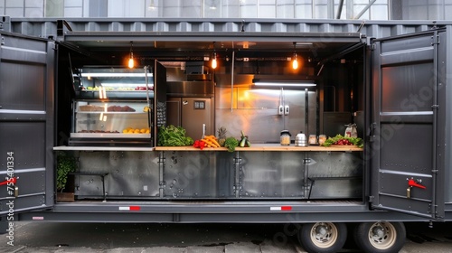Vintage food truck with rustic decor serving in an urban outdoor setting at twilight.
