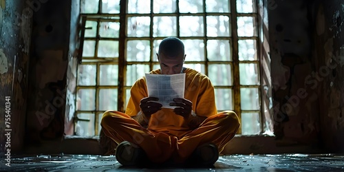 A somber portrait of an inmate reading a letter from home in their cell . Concept Prison Life, Letter From Home, Inmate Portrait, Somber Mood, Incarceration