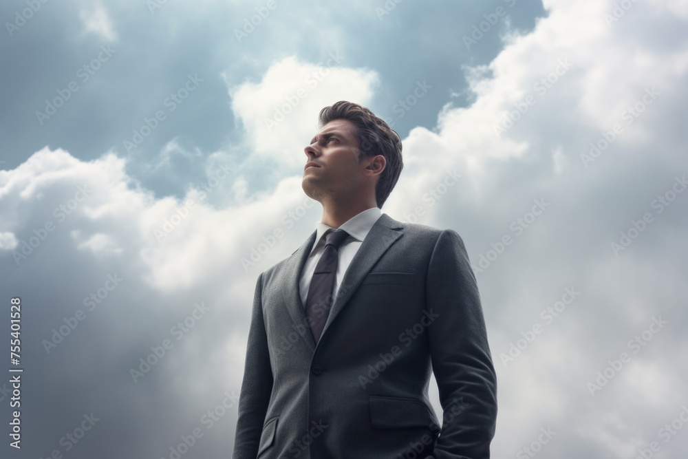 A man in a suit standing against a dramatic cloudy sky. Suitable for business concepts A man in a suit standing against a dramatic cloudy sky. Suitable for business concepts