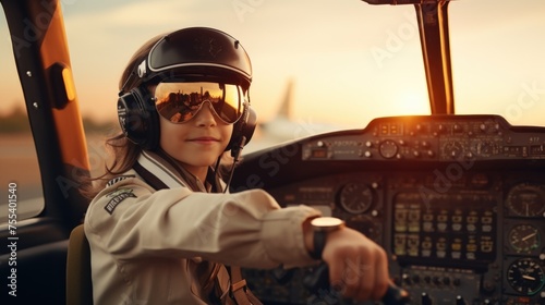 A woman in a pilot's helmet sitting in the cockpit of a plane. Suitable for aviation and travel themes