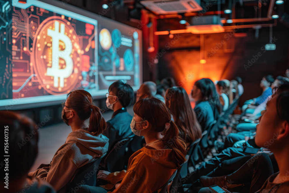 Audience attentively watching a Bitcoin and cryptocurrency presentation in a tech seminar