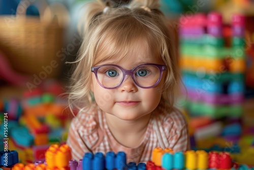 Portrait of a toddler girl with glasses playing with colorful building blocks.