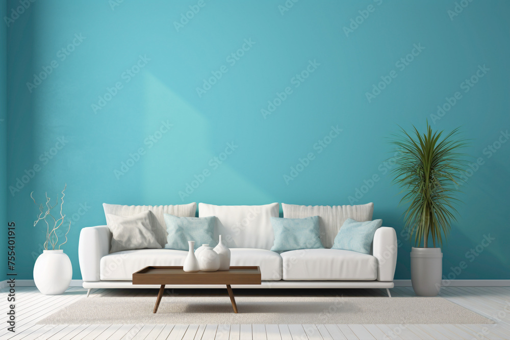 A spacious living room with a pristine white empty frame against a vibrant, teal-colored accent wall, adorned with minimalist furniture and abundant natural light filtering through. - obrazy, fototapety, plakaty 