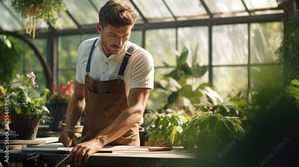 A man is cutting a piece of wood in a greenhouse. Ideal for gardening and DIY projects A man is cutting a piece of wood in a greenhouse. Ideal for gardening and DIY projects
