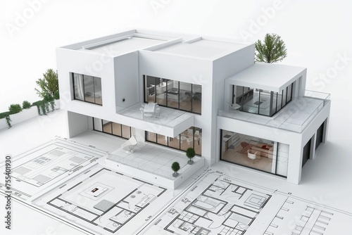 maison d'architecte en maquette sur des plans, fond blanc, illustration ia générative