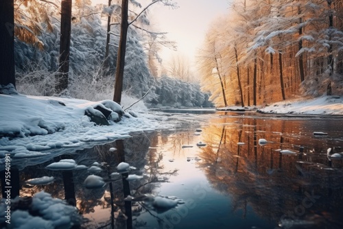 A serene river flowing through a snowy forest. Perfect for winter-themed designs