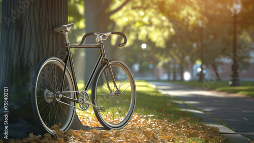 Sophisticated bicycle near tree in serene city park. Bicycle stands as beacon of quiet luxury style harmonizing with serene surroundings photo