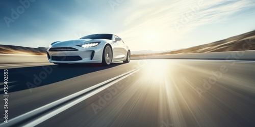 A white sports car cruising along a scenic road. Perfect for automotive and travel concepts
