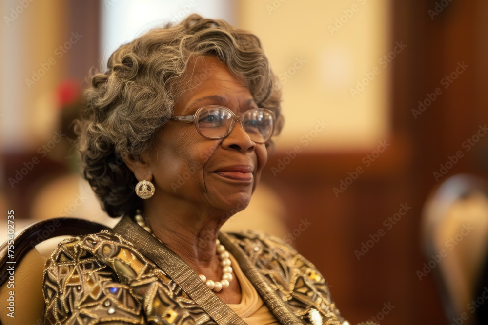 Portrait of a Graceful Elderly Woman with a Warm Smile at a Formal Event