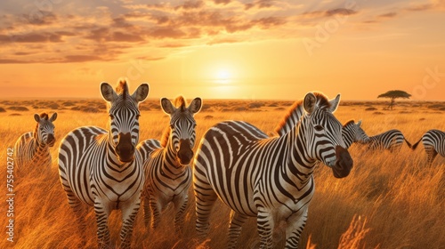 A herd of zebra standing on a grass covered field. Suitable for nature and wildlife themes #755402742