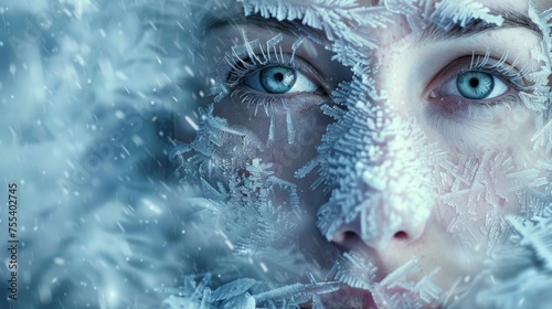 Female face covered in ice. Winter portrait in crystals of ice and snow. Frozen face