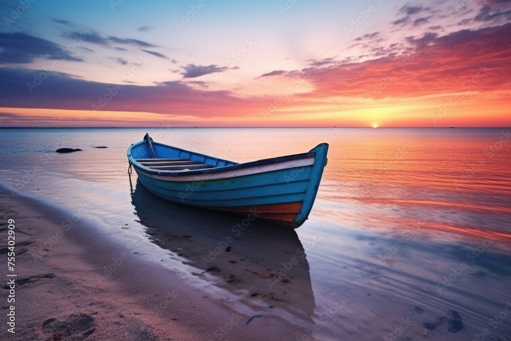 A blue boat resting on a sandy beach, perfect for travel or vacation concepts