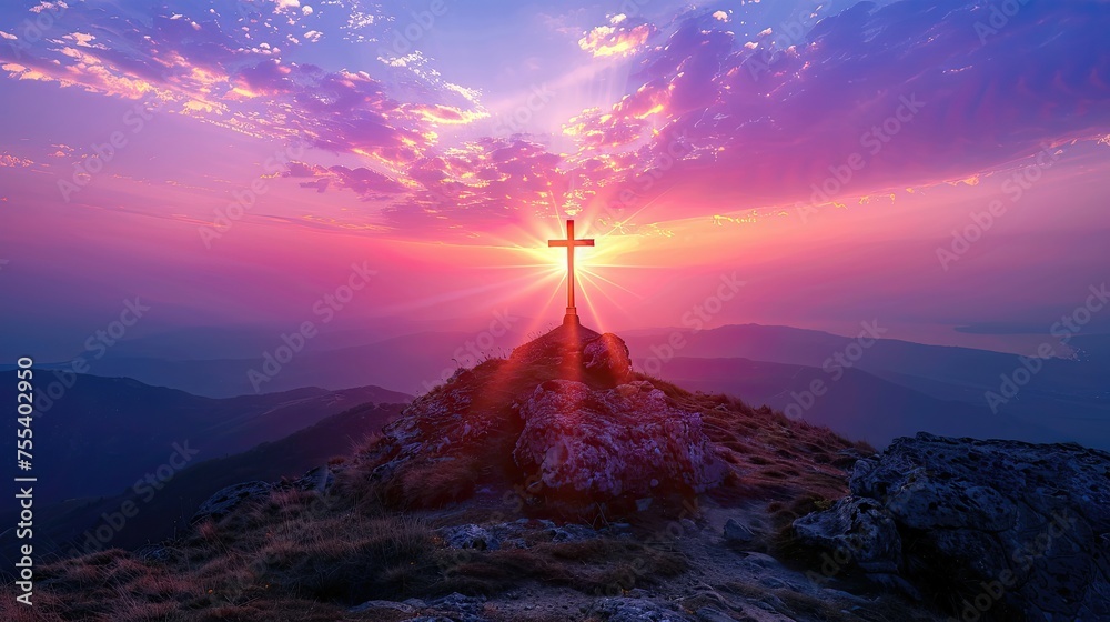 A glowing cross silhouetted against a vibrant sunrise sky. A glowing cross silhouetted against a vibrant sunrise sky.
