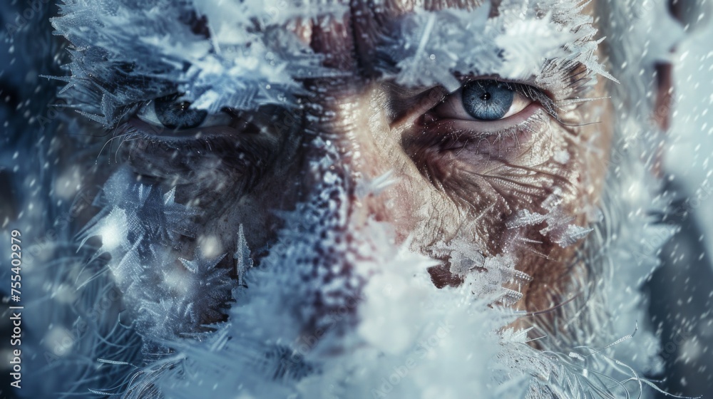 Old male face covered in ice. Winter portrait in crystals of ice and snow. Frozen face
