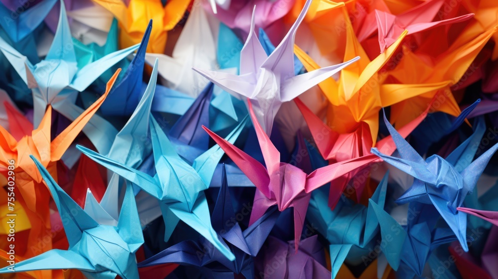 Colorful Origami Paper Cranes in Abundance