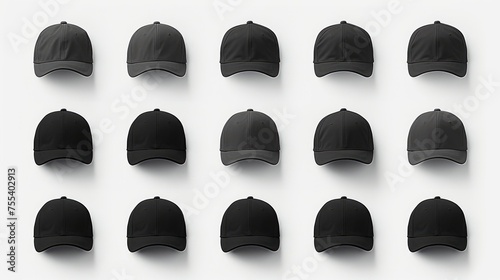 A collection of black baseball caps on a white surface. Perfect for sports and fashion related projects