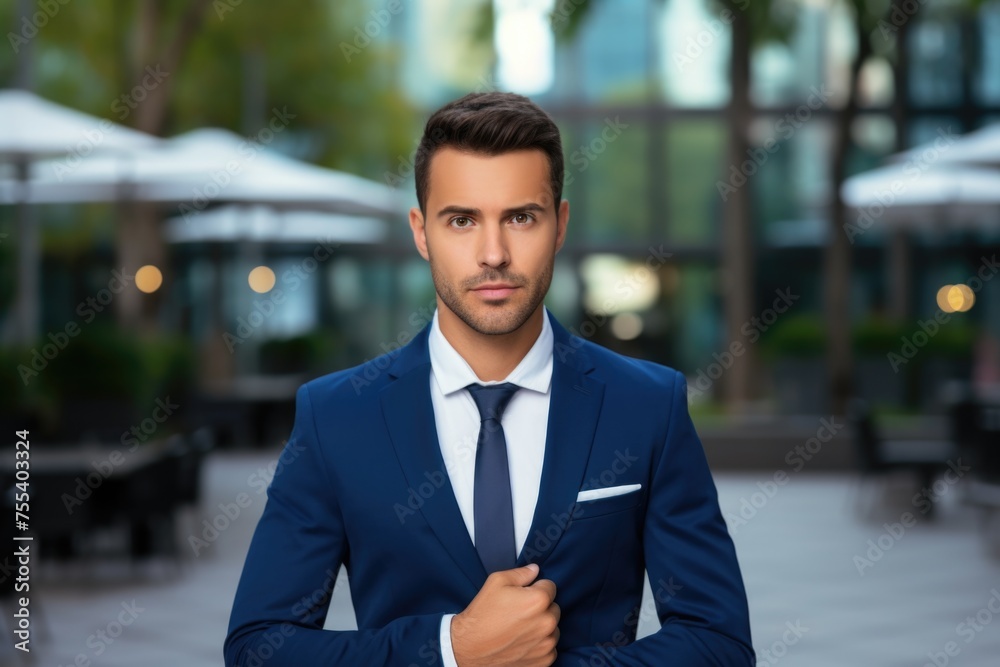 A man dressed in a blue suit and tie, suitable for corporate and professional concepts