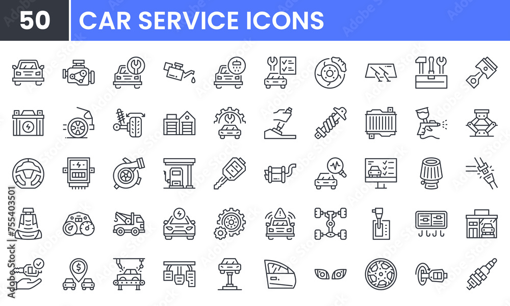 Car Service and Automotive vector line icon set. Contain linear outline icons like Wheel, Mechanic, Garage, Vehicle, Chassis, Engine, Piston, Truck, Repair, Industry. Editable use and stroke.