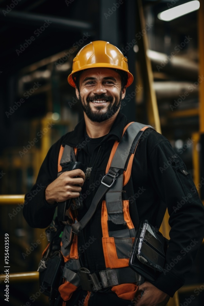 Fototapeta premium A man wearing a hard hat and safety vest. Ideal for construction industry projects