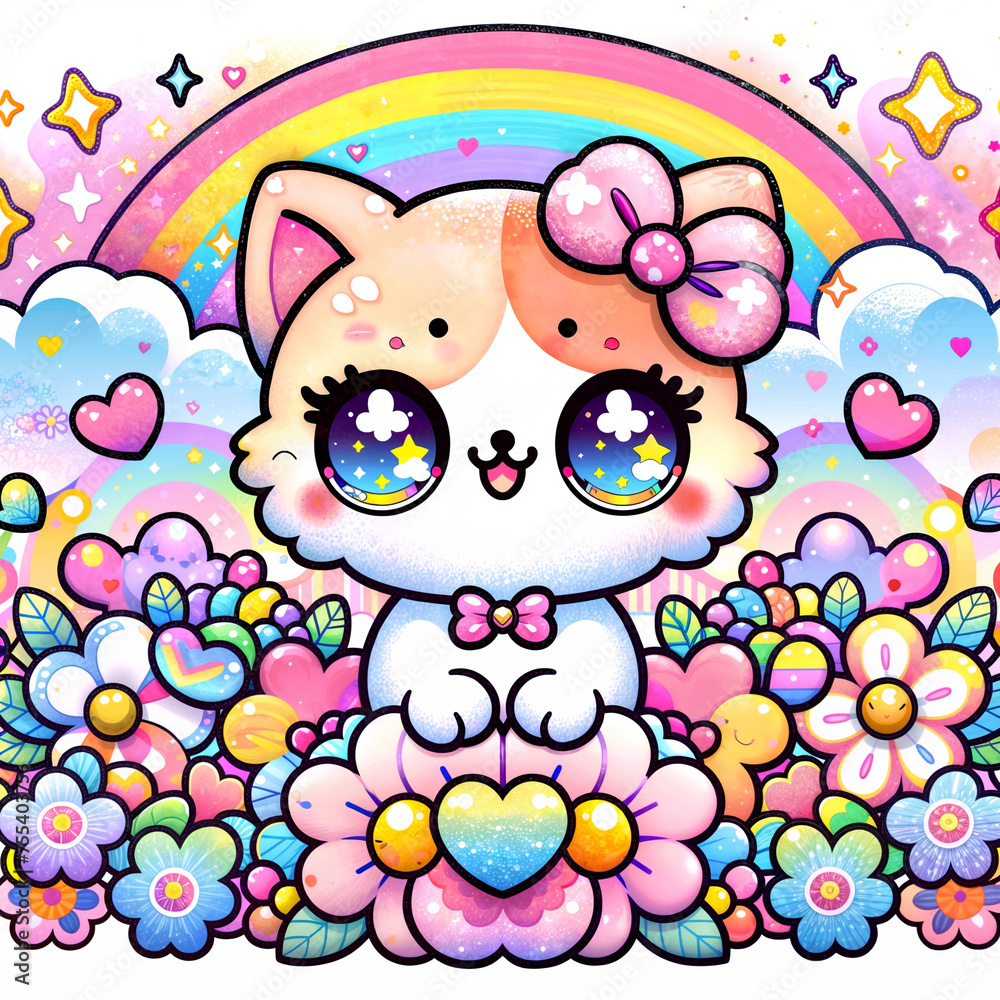 Fototapeta premium Adorable kawaii-style cat with big, sparkling eyes, surrounded by vibrant flowers, hearts, and a pastel rainbow. Emphasizes cuteness and playful charm. 
