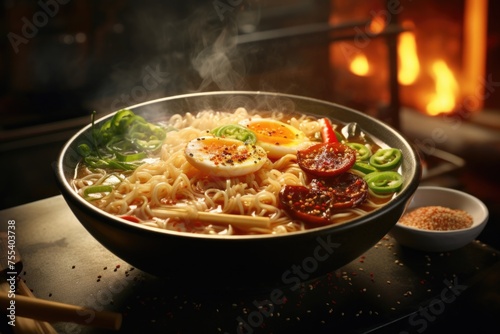 A bowl of noodles with a fresh egg on top. Great for food blogs or restaurant menus