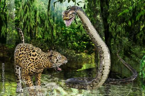 ジャングルでジャガーを襲う大蛇 © iARTS_stock
