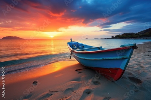 A boat resting on a sandy beach. Suitable for travel brochures