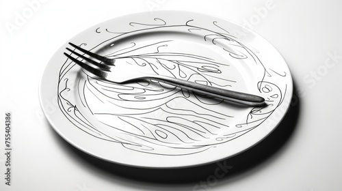 A plate with a fork and a drawing  suitable for food and art concepts