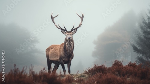 A deer standing on top of a grass covered hillside. Suitable for nature and wildlife themes © Fotograf