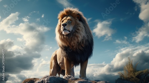 Majestic lion standing on rocky hill, ideal for nature and wildlife themes © Fotograf