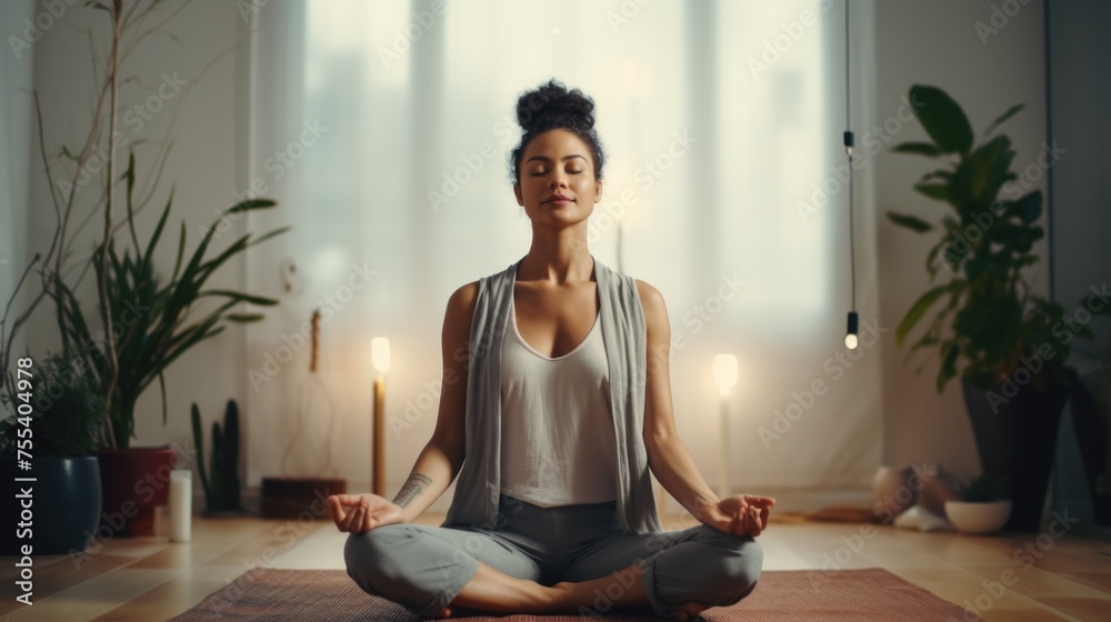 Woman sitting in lotus position in front of window. Perfect for meditation concepts Woman sitting in lotus position in front of window. Perfect for meditation concepts
