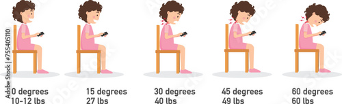 The bad smartphone postures,the angle of bending head related to the pressure on the spine.vector illustration