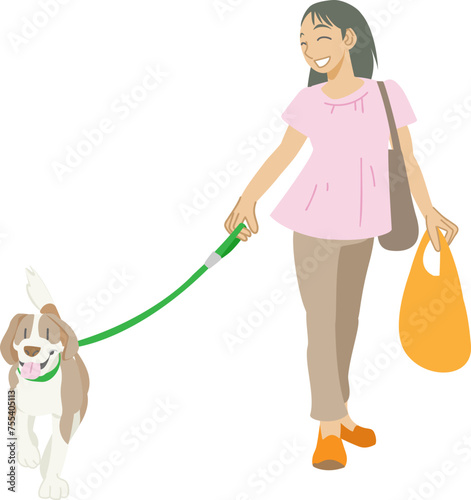 愛犬と散歩を楽しむ女性のイラスト