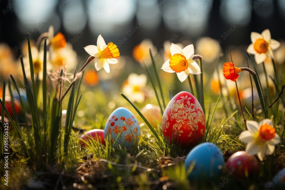 Easter eggs in green grass, with blooming daffodils in the background. Happy Easter. Happy Easter Easter eggs in green grass, with blooming daffodils in the background. Happy Easter. Happy Easter