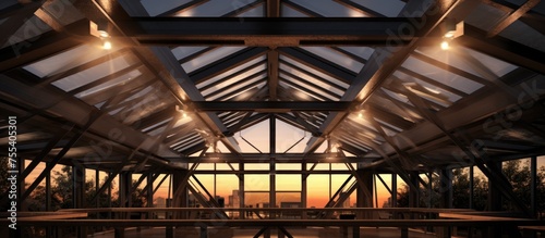 The interior of a building designed with a steel roof structure providing ample natural lighting through numerous windows. The architectural detailing and modern design create a bright and airy space.