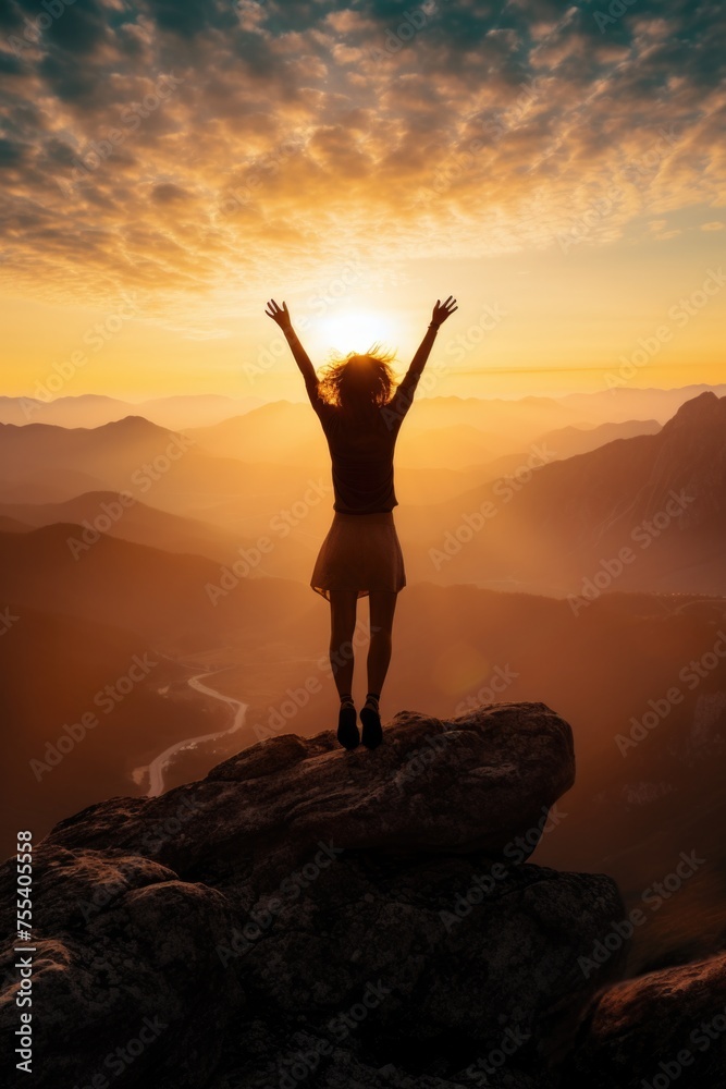 A woman standing on top of a mountain at sunset. Ideal for travel and adventure concepts