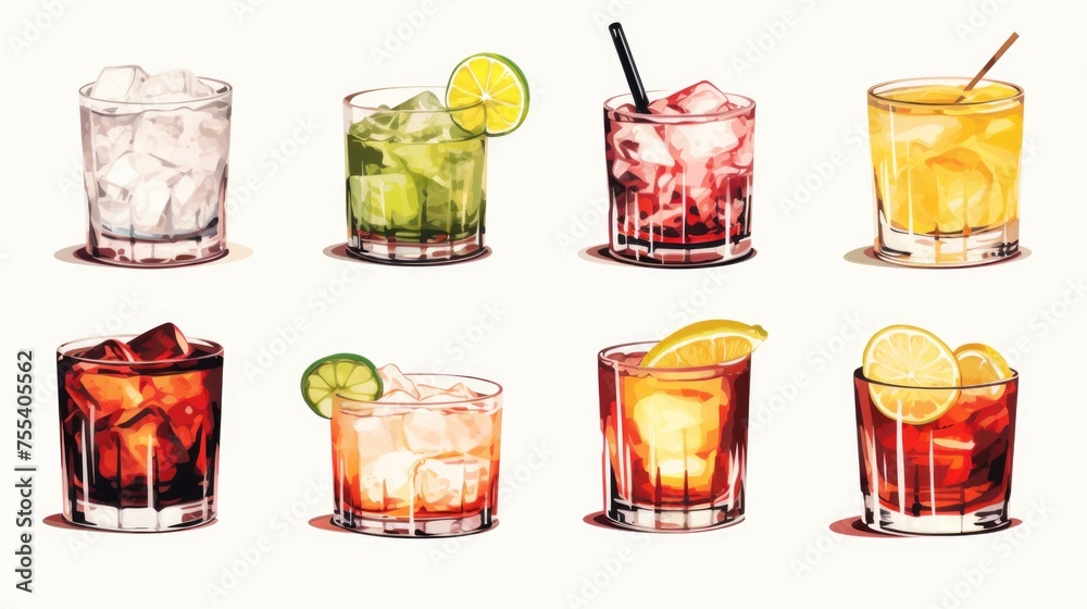A detailed drawing of a variety of cocktails. Perfect for menu designs or cocktail recipe books - obrazy, fototapety, plakaty 