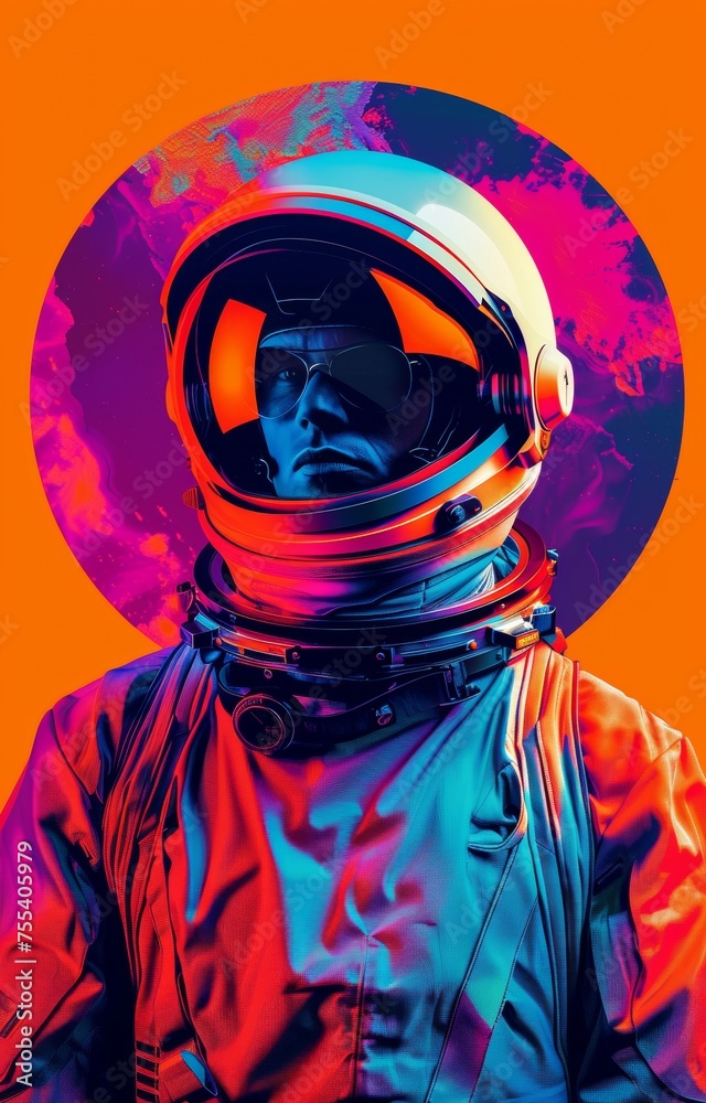 Striking Pop Art Astronaut Portrait with Vivid Contrast and Space Backdrop Striking Pop Art Astronaut Portrait with Vivid Contrast and Space Backdrop