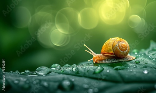 Snail on green leaf with water droplets. Generative AI.