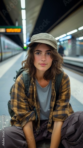 A young woman sitting on the ground at a train station. Generative AI.