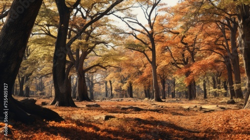 A painting of a forest filled with lots of trees. Suitable for nature and outdoor themes