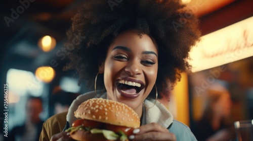 A woman holding a large hamburger, perfect for food concepts