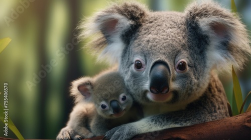 A mother koala and her baby sitting on a branch. Suitable for wildlife and parenting concepts