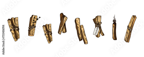 Palo Santo. Hand drawn sticks. Aromatherapy for meditation and relaxation, aromatic wood, sketch style drawing. Latin America burning incense with smoke. Yoga and esoteric. Vector illustration