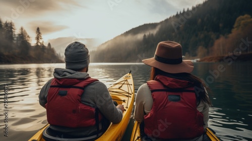 A couple enjoying a peaceful kayak ride on a serene lake. Perfect for outdoor recreation or travel concepts